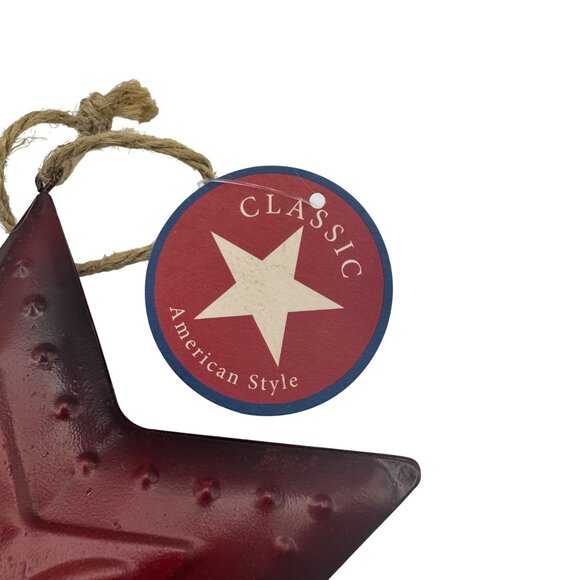 Red Rustic Metal Star Ornament With Rope Hanger Classic American Style Farmhouse - Picture 2 of 3